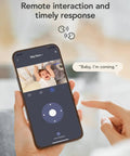 Smartphone showing 2K Baby Monitor With AI Motion Tracking Two Way Audio WiFi Indoor Camera app interface with baby image.