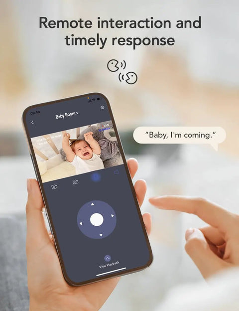 Smartphone showing 2K Baby Monitor With AI Motion Tracking Two Way Audio WiFi Indoor Camera app interface with baby image.