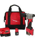 Badass Heavy Duty Cordless Rivet Gun Kit With 10.75 Inch Torque And 450 Steel Rivets Eats Up To 3/16 Stainless Steel Fasteners in red and black carrying bag.