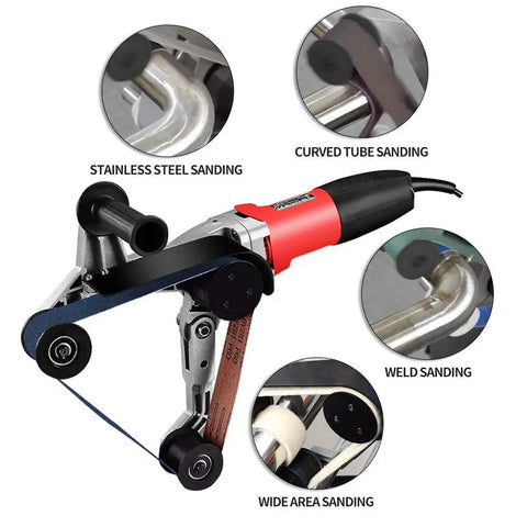 Pro Grade Stainless Steel Pipe Belt Sander Polisher With 110V 800W Power Variable Speed, sanding metal pipes and surfaces.