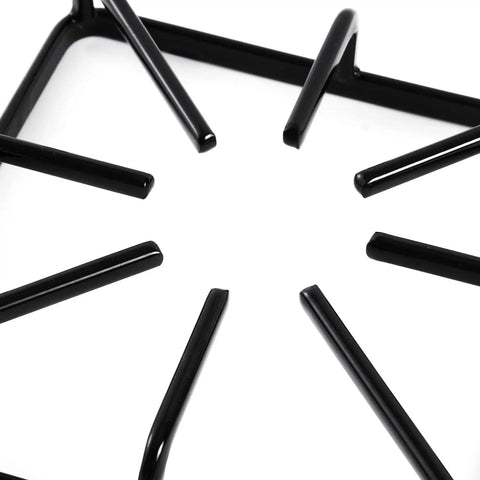 Close-up of Beefed Up Heavy Duty Replacement Burner Grates Set for GE Kenmore Hotpoint Stove Parts, metal steel surface.