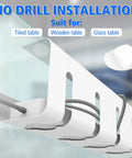 Under Desk Cable Management Tray With No Drill Install Steel Wire Organizer Rack for Cords, large 15.7 inch, white finish mounted under a glass table.