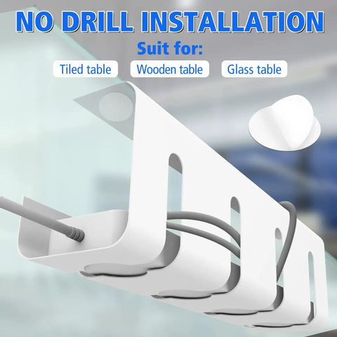Under Desk Cable Management Tray With No Drill Install Steel Wire Organizer Rack for Cords, large 15.7 inch, white finish mounted under a glass table.