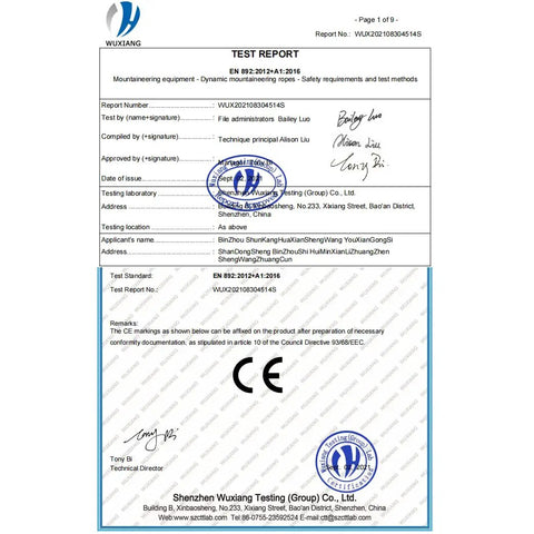 CE EN 892 certification for Beefy 12mm Static Climbing Rope With 10m and 20m Lengths, Rugged Polyester Build, official document with signatures.