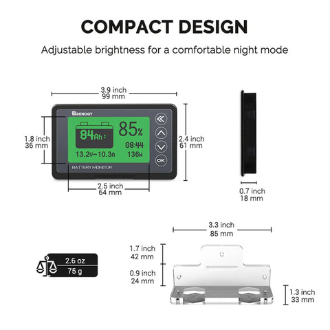 Rugged Battery Monitor With Shunt For 12V Rigs Up To 500A, 10 To 120 Volt Range, LCD screen dimensions and weight display.