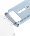 Close-up of heavy duty clear plastic shield for bench grinder with metal hinge and mounting bracket.