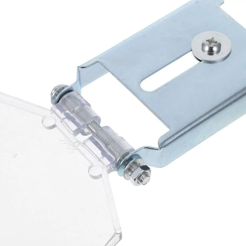 Close-up of heavy duty clear plastic shield for bench grinder with metal hinge and mounting bracket.