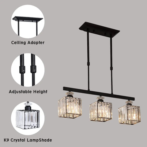 Three Light Crystal Ceiling Pendant With Adjustable Height, Square Modern Chandelier, E26 Base ceiling light fixture details