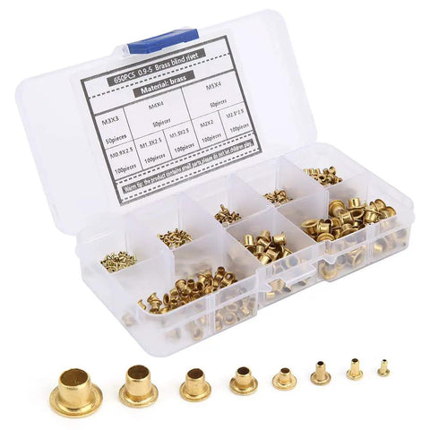 650-Piece Brass Eyelets And Rivets Buttonhole Kit For Shoes, Hats, Shirts, Belts, Backpacks, And Jackets in plastic case