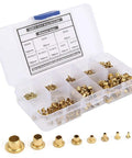 Top Shelf Brass Eyelets Rivets Kit 650 Pcs Hollow Metal Grommet Set featuring assorted brass rivets in a clear storage box.