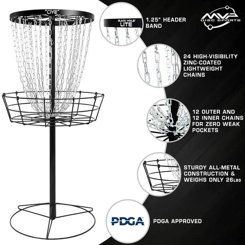 Black Hole Lite 24-Chain Disc Golf Basket Target With Beefy All Metal Frame And Stable Base, Lightweight Chains For Easy Catches