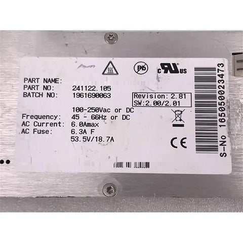 48V 1000W Power Supply Module 241122.105 Industrial Telecom Rectifier Replacement Part Built For Rugged Beefy Power DC Output Pre Owned Tested And Ready To Drop In For Telecom Infrastructure, label close-up