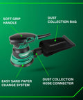 5 Inch Random Orbit Finishing Sander With Variable Speed And Palm Size Comfort Grip 230W Motor 9000 To 13000 RPM Dust Collection Hose Connector Lightweight Pro Grade Sander For Woodworking And Carpentry featuring soft grip handle, dust collection bag, and easy sand paper change system on display.
