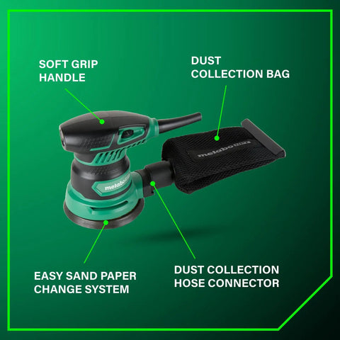 5 Inch Random Orbit Finishing Sander With Variable Speed And Palm Size Comfort Grip 230W Motor 9000 To 13000 RPM Dust Collection Hose Connector Lightweight Pro Grade Sander For Woodworking And Carpentry featuring soft grip handle, dust collection bag, and easy sand paper change system on display.