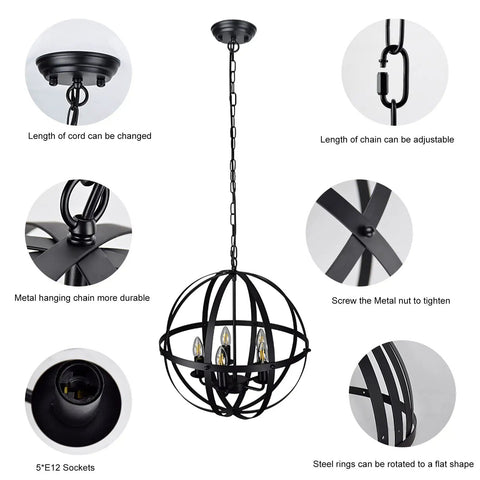 Vintage 5 Globe Pendant Light With Dope Adjustable Chain Metal Flush Mount Chandelier In Matte Black for Kitchen Island
