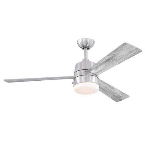 52 Inch LED Ceiling Fan With Light Kit, Brushed Nickel Finish, Downrod Mount, Silver And Gray Teak Finish Blades, Opal Frosted Glass Light