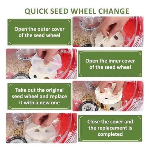 Quick seed wheel change steps for Push Garden Seeder With Dual Seed And Fertilizer Buckets Hand Powered Roller For Efficient Planting