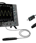 High Frequency AC DC Current Probe For Scope Testing With 50Mhz Bandwidth And Quick Swap 5A Or 30A Ranges shown on an oscilloscope.