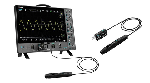 High Frequency AC DC Current Probe For Scope Testing With 50Mhz Bandwidth And Quick Swap 5A Or 30A Ranges shown on an oscilloscope.