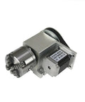 Heavy Duty CNC 4 Axis Tailstock With A Axis Rotary Indexing Head Featuring 65mm Center Height And Nema 23 Stepper Motor side view showing precision chuck mechanism.