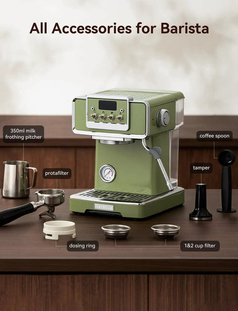 58mm Professional Espresso Machine With 15 Bar Pump Visible Pressure Gauge Powerful Milk Frother Retro Green Finish For Your Home Barista Lattes And Cappuccinos Fast Heat Boiler And Easy Steam displayed with accessories including milk frothing pitcher, coffee spoon, and tamper on a wooden counter.