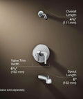Diagram of Pitch Rite-Temp Bath And Shower Trim Set Without Showerhead in Matte Black, showing dimensions of faceplate, handle, spout, and flange.