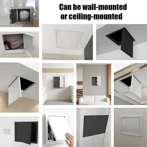 Multiple angles of Dead Simple Push To Open Access Panel For Drywall And Ceiling rust resistant waterproof wall hole cover plate.
