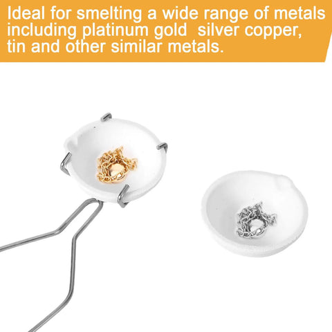 Top Shelf Graphite Crucible Set For Melting Metal Includes Six Heavy Duty Clay Pots And Two Heat Proof Casting Tongs, Straight Fire High Temp Silversmithing Toolkit For Jewelry Making Jobs with metal samples.