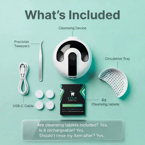 Ultrasonic Retainer Cleaner Pro With UV Light Rechargeable Dental Pod For Mouthguards Dentures And Aligners Three Cleaning Modes Quick Deep Gentle Tablets Included, with USB-C cable, tweezers, tray and tablets