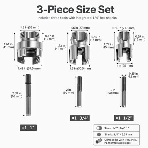 All in One DIY Friendly Pipe Thread Cutting Tool Kit With Internal And External Threading Includes Half Inch Three Quarter Inch And One Inch Threaders Quarter Inch Hex Shank Electric Drill Compatible Works On PPR PVC Plastic MPP And Metal, 3-piece size set