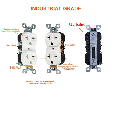 NEMA 6-20 Duplex Receptacle 20 Amp 250 Volt Outlet Industrial Grade 2 Pole 3 Wire White 6 Pack Built Tough Heavy Duty