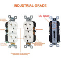Heavy Duty 20 Amp 250 Volt NEMA 6-20 Duplex Receptacle White 10 Pack Industrial Grade Wall Outlet components labeled
