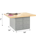 Beefy Heavy Duty Gray Steel Shop Workbench With 12 Lockable Horizontal Storage Cabinets And Thick Light Hardwood Top 64 By 54 Inch, showing storage and work area.