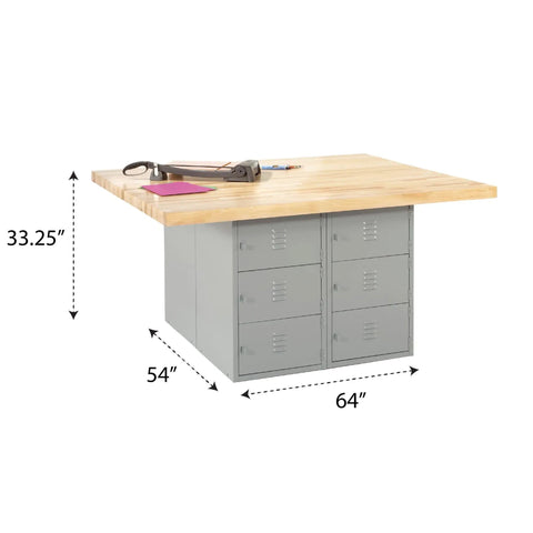 Beefy Heavy Duty Gray Steel Shop Workbench With 12 Lockable Horizontal Storage Cabinets And Thick Light Hardwood Top 64 By 54 Inch, showing storage and work area.