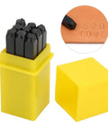 Pro Grade Metal Stamping Kit With Carbon Steel Stamps 3mm Alphabet And Number Punches in yellow case with leather sample