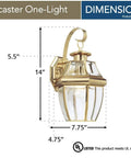 Lancaster Traditional One Light Outdoor Wall Lantern in Polished Brass Finish with dimensions, 14H x 7.75W, weather resistant