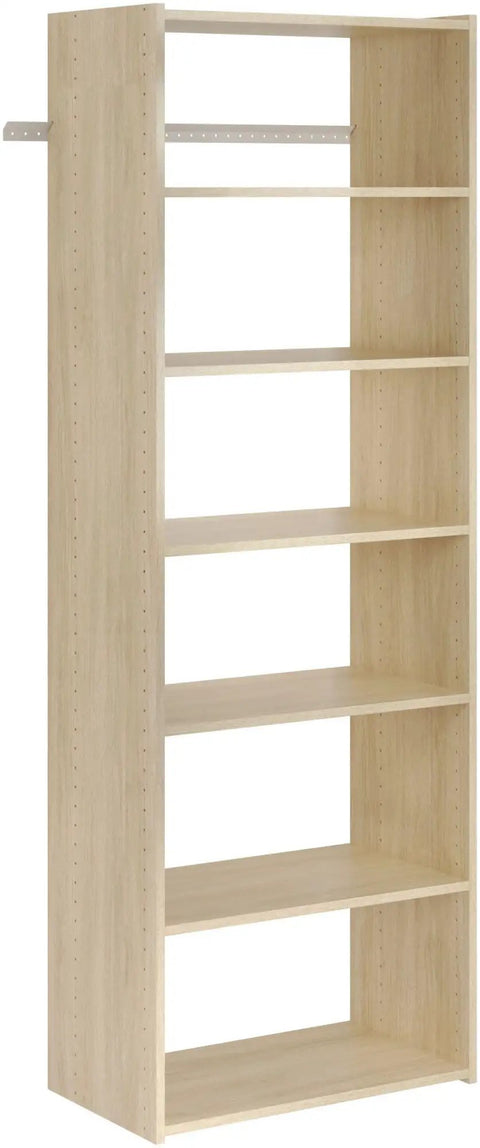 Wooden multi-shelf closet organizer, open front view, showing multiple shelves for storage.