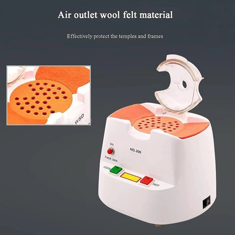 Top Shelf Heavy Duty Eyeglass Frame Heater And Baking Machine Featuring Hot Cold Air Flow And Even Ceramic Heating For Swift Lens Bending Optician Workshop Setup with orange felt air outlet.
