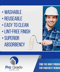 Smiling man holding paint roller with text: Washable, Reusable, Easy to Clean, Lint-Free, Superior Absorbency next to No-Shed Microfiber Paint Roller Covers Half Inch Nap, 9 Inch Length, 5 Pack For Smooth Walls And Drywall, Ultra Durable Washable And Reusable Rollers For Even Paint And Stain Finish.