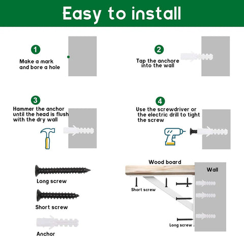 Installation guide for Ten Pack Heavy Duty Shelf Triangle Brackets 12 Inch Long By 8 Inch High Right Angle L Braces With Screws.