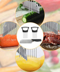 YuCool stainless steel onion slicer set with two onion holders and a crinkle cutter knife