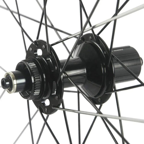 Close-up of hub on 38mm Carbon Tubeless Disc Road Wheelset 700C With Center Lock Front 12x100mm Rear 12x142mm, 31mm Wide Rim