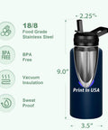 Custom Printed 32oz Stainless Steel Double Wall Insulated Tumbler Water Bottle With Lid And Straw Hella Durable Build Lets You Flex A Dope Personalized Photo Or Logo Straight Up Made In Usa shown with dimensions and features.