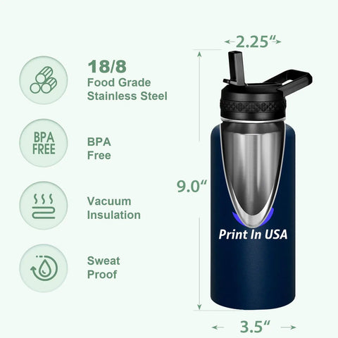 Custom Printed 32oz Stainless Steel Double Wall Insulated Tumbler Water Bottle With Lid And Straw Hella Durable Build Lets You Flex A Dope Personalized Photo Or Logo Straight Up Made In Usa shown with dimensions and features.