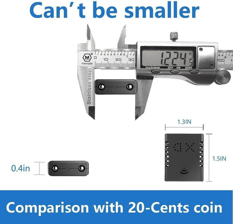 Smallest Wireless WiFi Hidden Camera With 1080P HD Video Live Feed dimensions shown next to digital caliper and size comparison with coin.