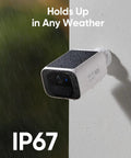 Solar Powered Outdoor Security Camera Bundle With 2K Night Vision Wireless 2 Cam Pack No Monthly Fee 2.4 GHz WiFi Easy Install, mounted on a wet exterior wall, IP67 weatherproof rating.