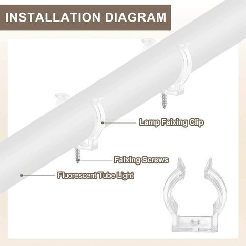 Clear T6 U Clip Light Holder Bracket For LED Tube Fixtures with screws, shown holding a fluorescent tube light, installation diagram