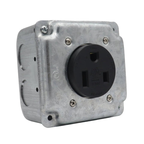 Heavy Duty Nema 6 50R Power Outlet For Welders And Home Workshops Featuring No Fuss Surface Flush Mounting Quick Install 50 Amp Electrical Socket Tough As Nails Galvanized Steel, close-up view.