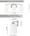 Three Light Vanity Light Fixture In Brushed Nickel With White Glass Shades For Bathroom Vanity Lighting 21 Inches Long E26 Base Delivers Dope Sleek Modern Look For Any Bath with dimensions shown.