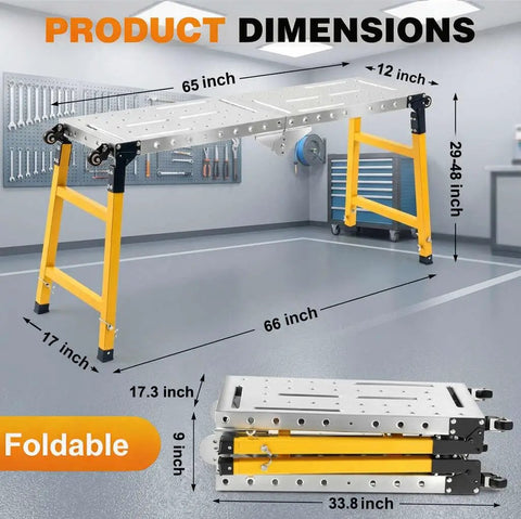 Heavy Duty Folding Welding Table With 1200 Lb Load Capacity And Adjustable Height Setup For Real Shop Projects Built Like A Tank Steel Work Bench Surface dimensions displayed with foldable feature.